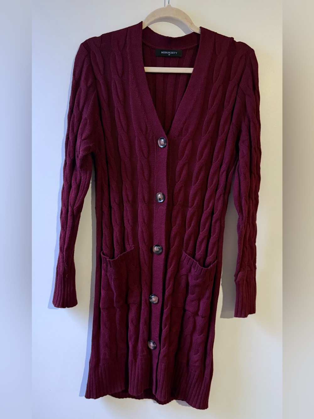 Long Burgundy Cable-Knit Button-Front Cardigan Medium